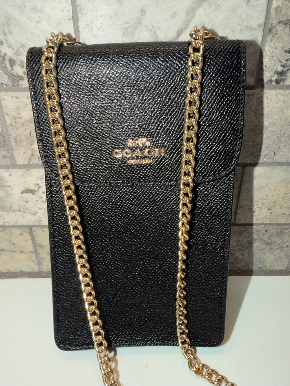 Coach Black Saffiano Leather Phone Crossbody with Gold Chain